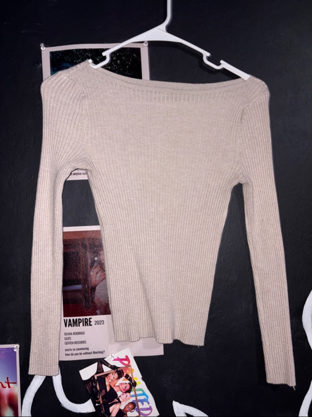 SHEIN Taupe Ribbed Knit Off-Shoulder Top